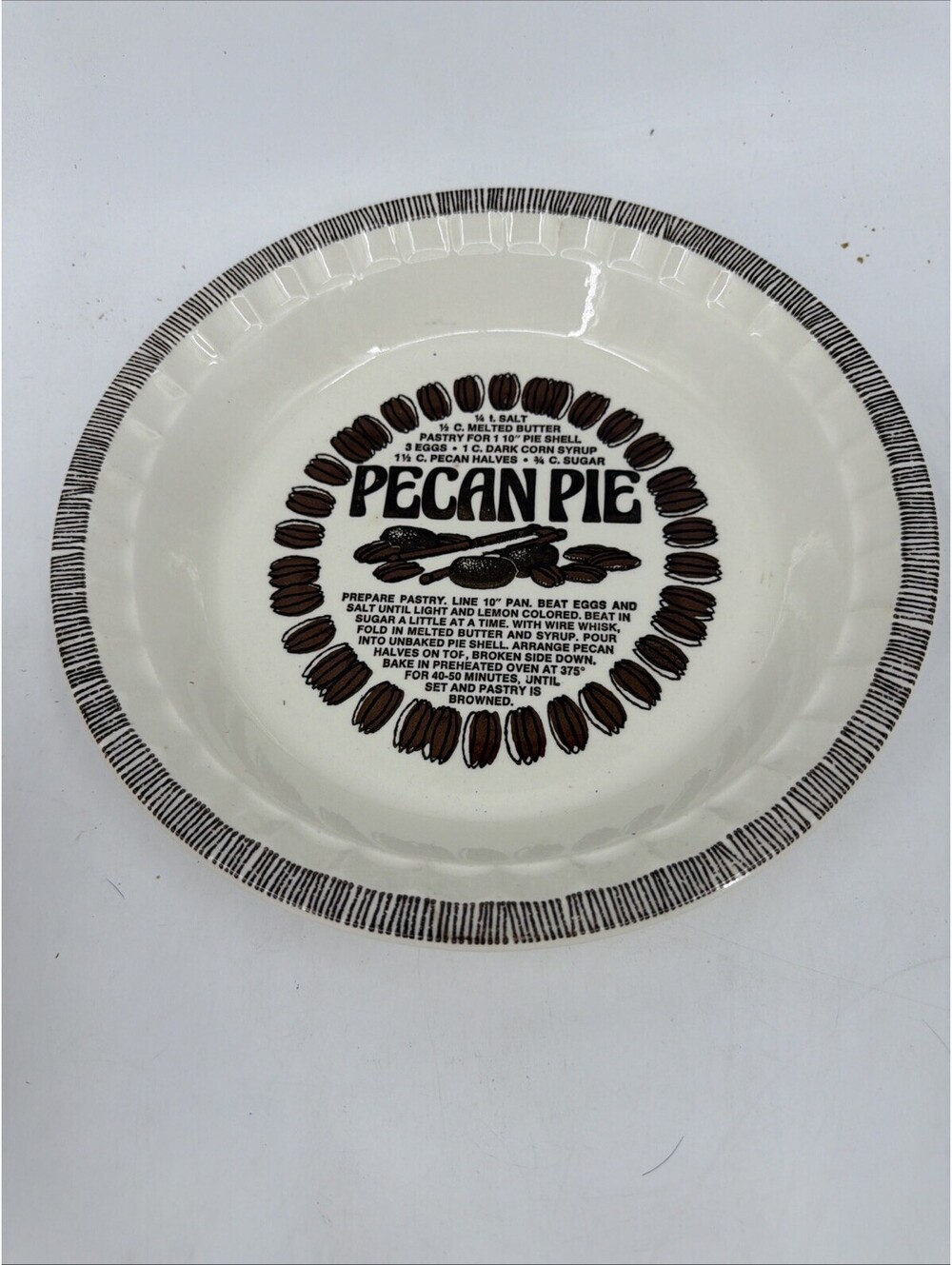 Vintage Royal China By Jeannette Deep Dish Pecan Pie Plate with Recipe 11" round